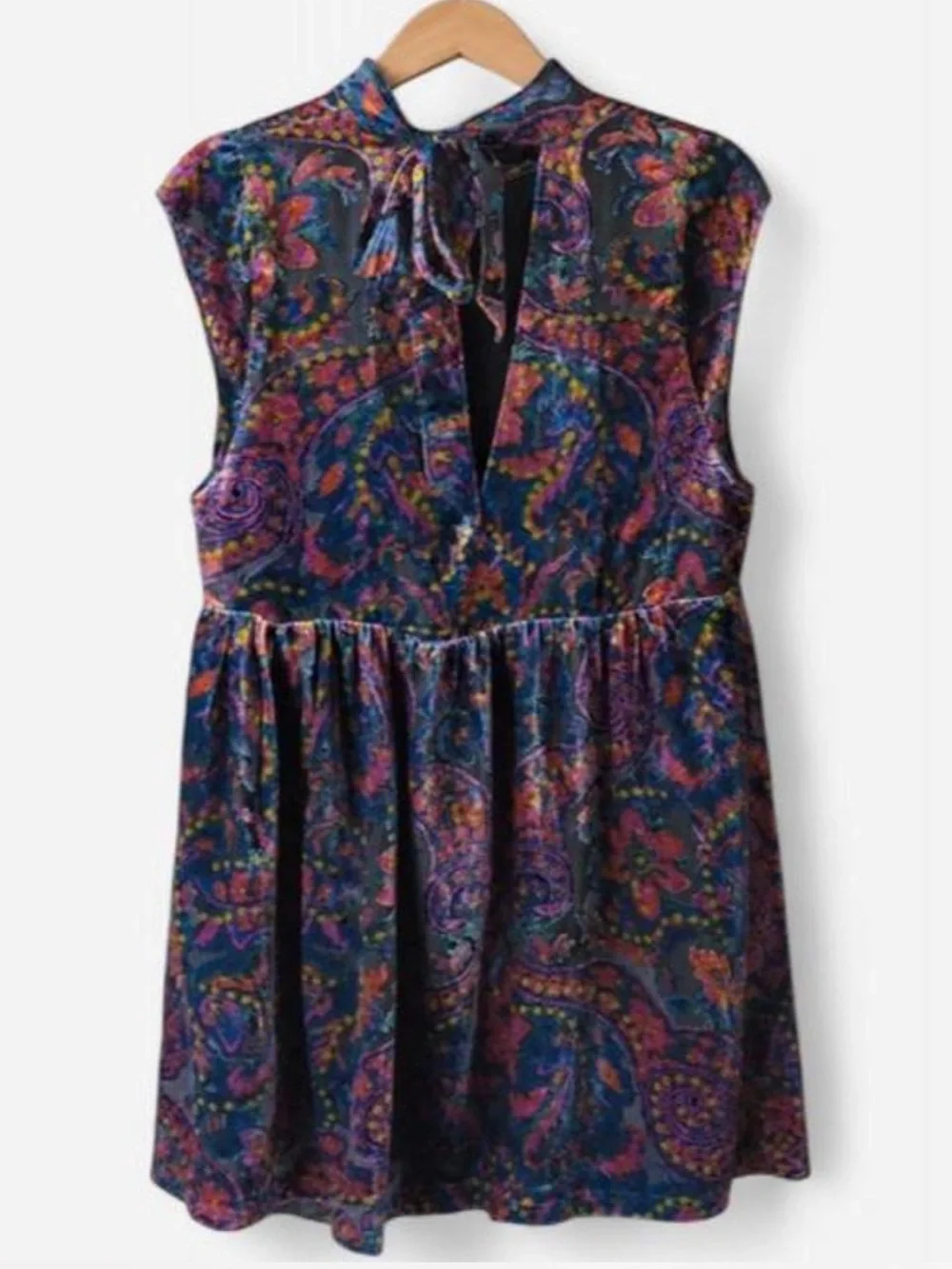 Free People All The Time Purple Paisley Mock-Neck Cap-Sleeve Mini Dress
